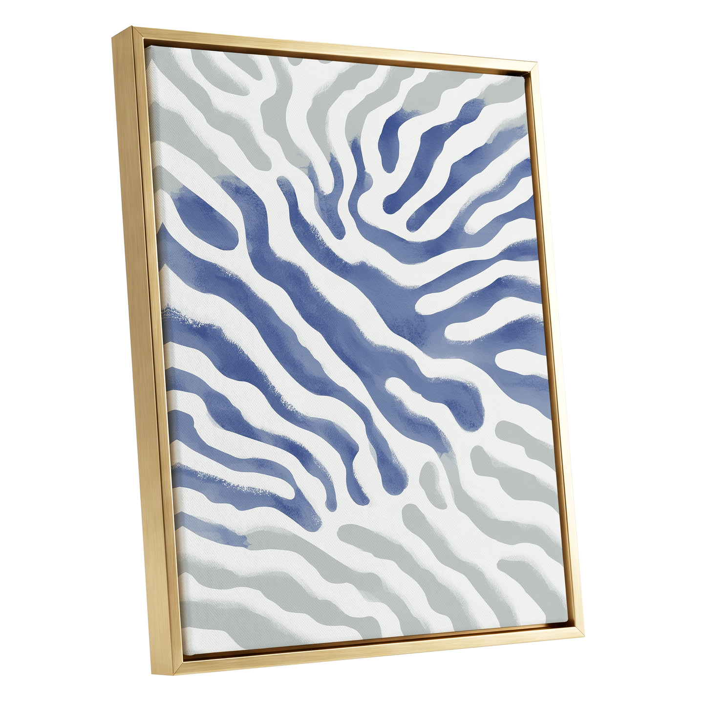 Tidal Veins, white, blue, gray abstract wall art shown as a gold framed canvas wall art
