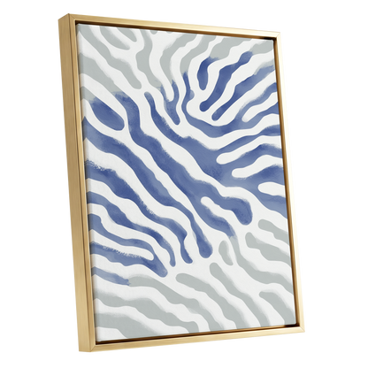 Tidal Veins, white, blue, gray abstract wall art shown as a gold framed canvas wall art
