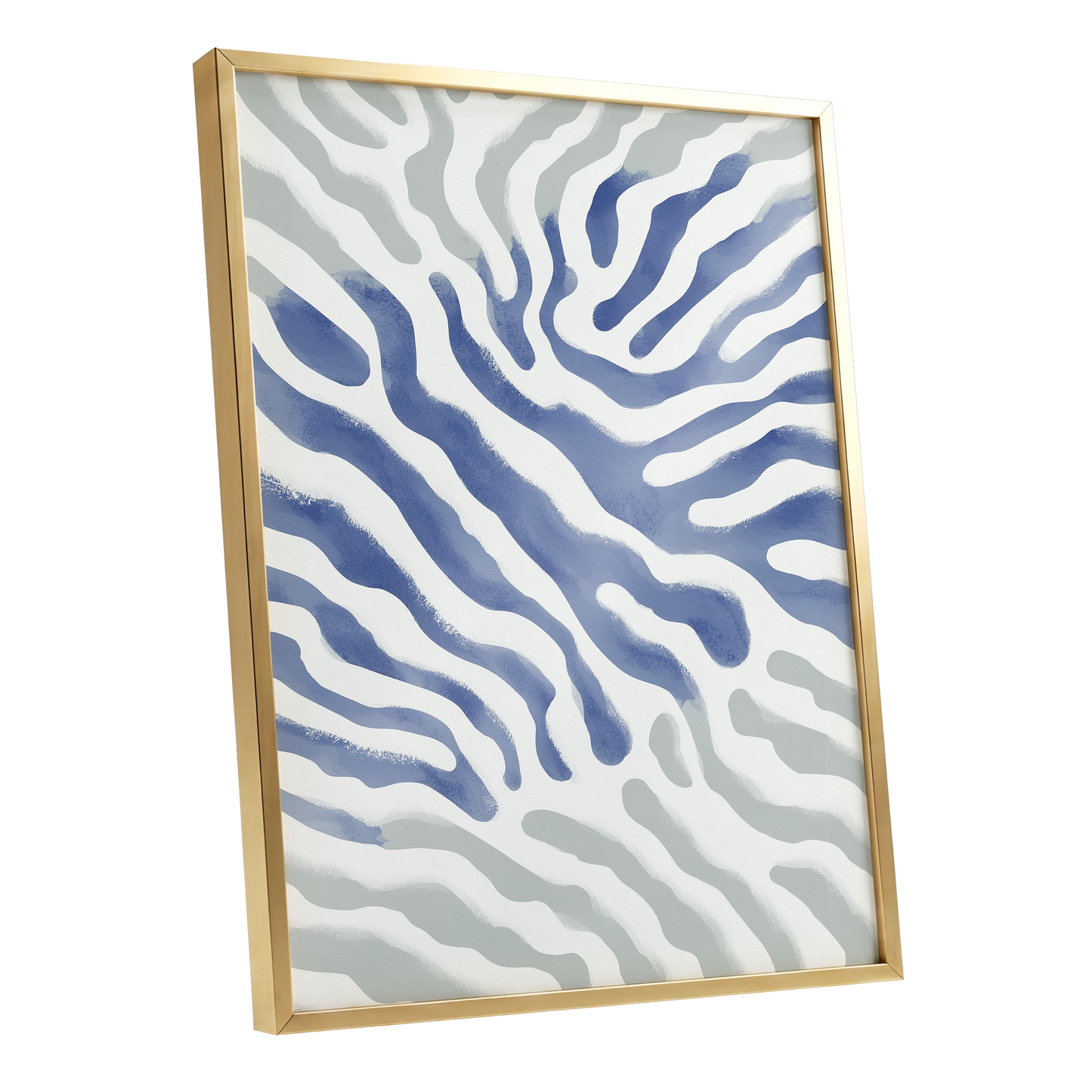 Tidal Veins, white, blue, gray abstract wall art shown as a gold framed poster wall art print