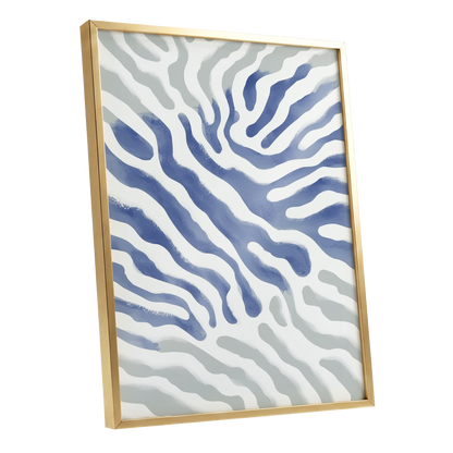 Tidal Veins, white, blue, gray abstract wall art shown as a gold framed poster wall art print