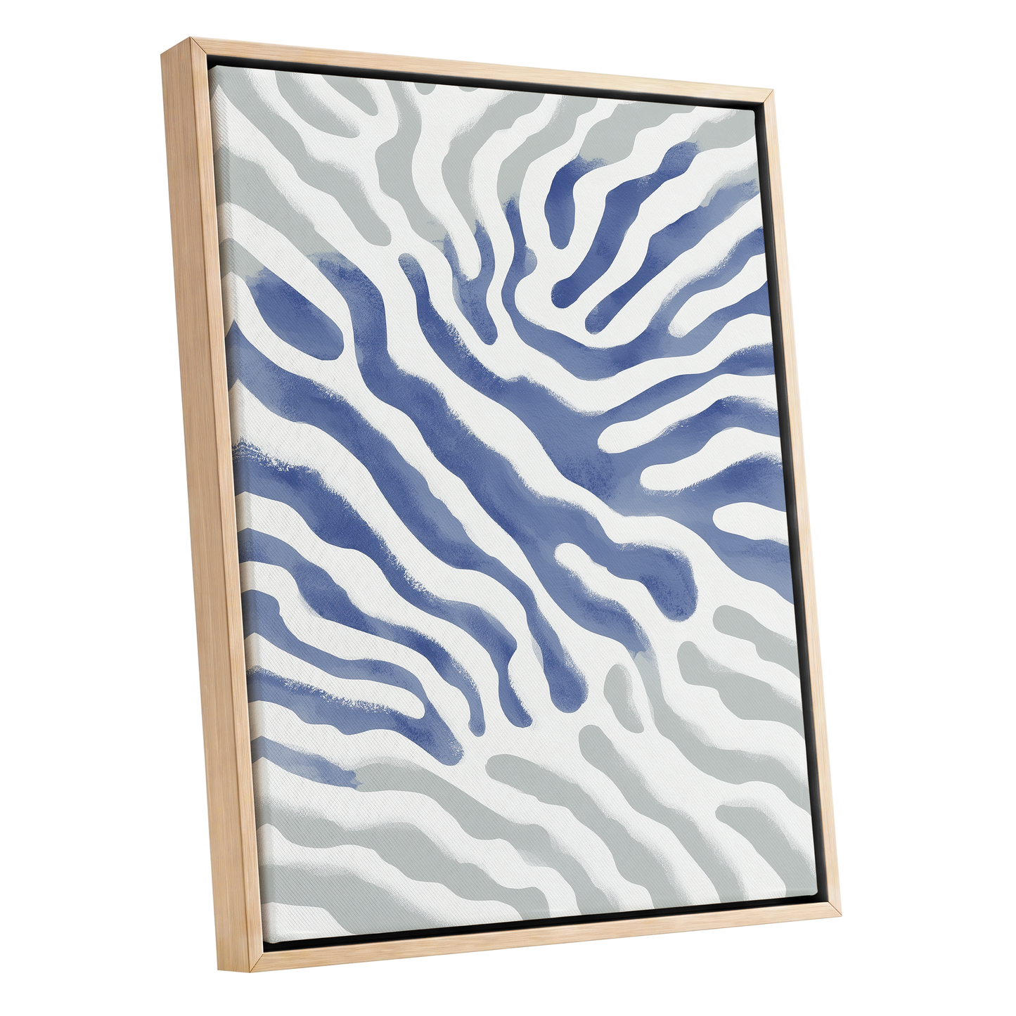 Tidal Veins, white, blue, gray abstract wall art shown as a oak framed canvas wall art