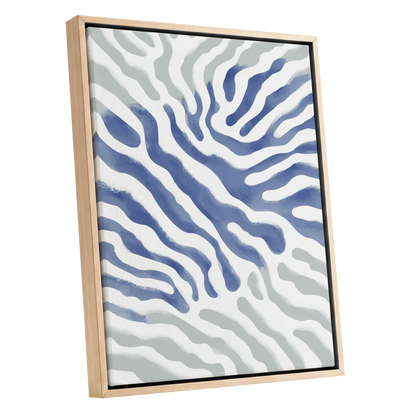 Tidal Veins, white, blue, gray abstract wall art shown as a oak framed canvas wall art