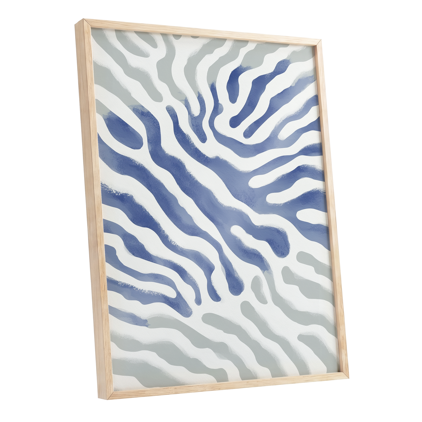 Tidal Veins, white, blue, gray abstract wall art shown as a oak framed poster wall art print