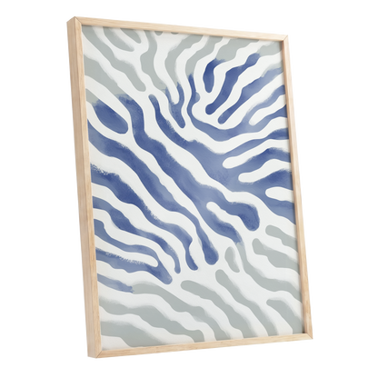 Tidal Veins, white, blue, gray abstract wall art shown as a oak framed poster wall art print