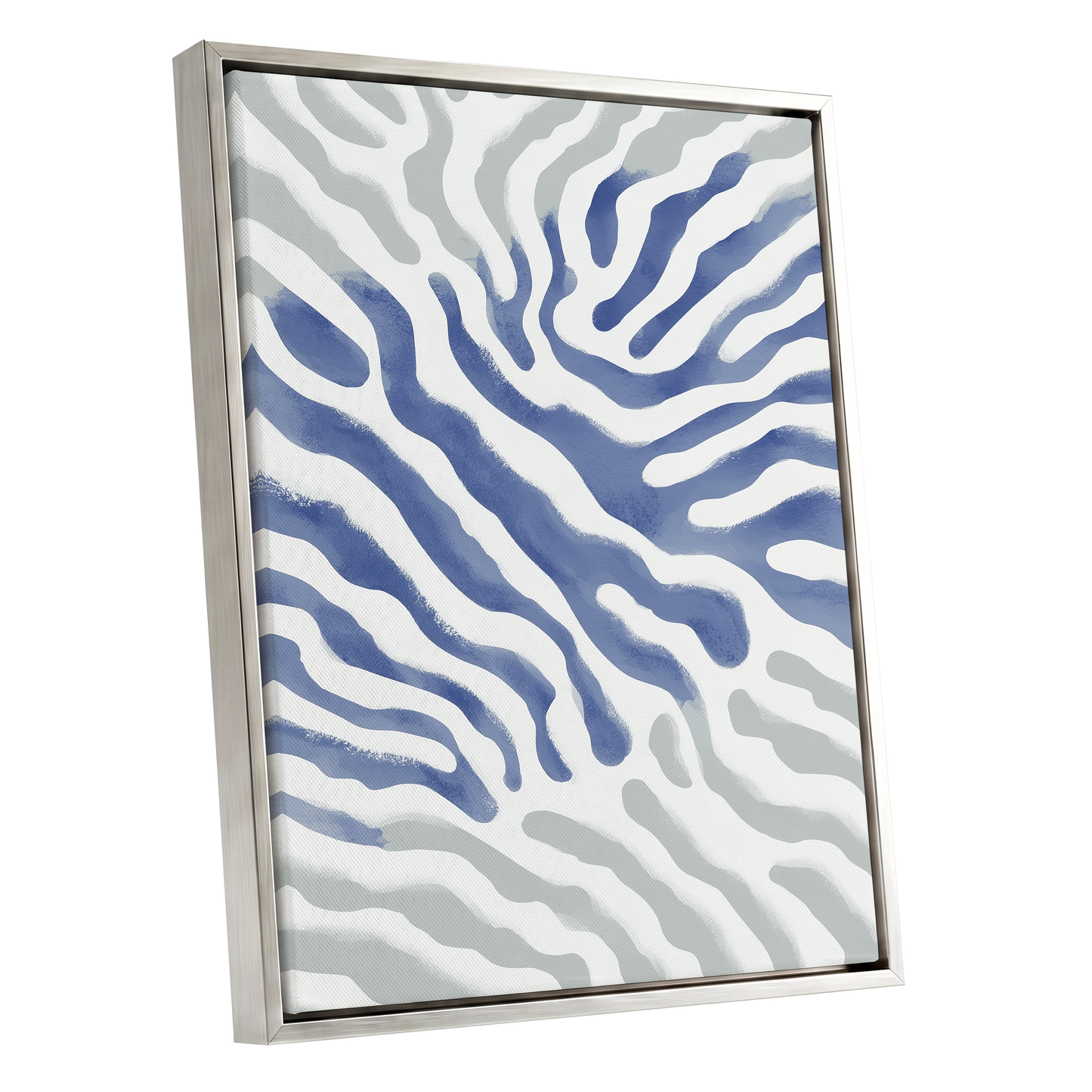 Tidal Veins, white, blue, gray abstract wall art shown as a silver framed canvas wall art
