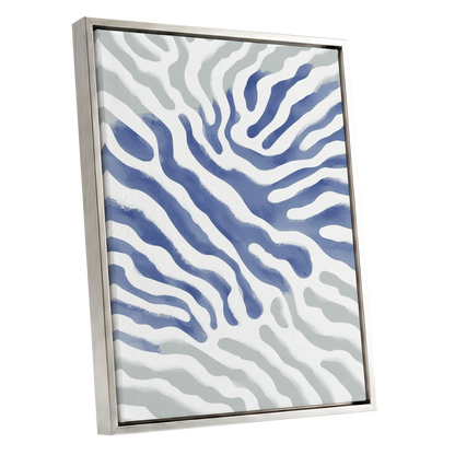 Tidal Veins, white, blue, gray abstract wall art shown as a silver framed canvas wall art