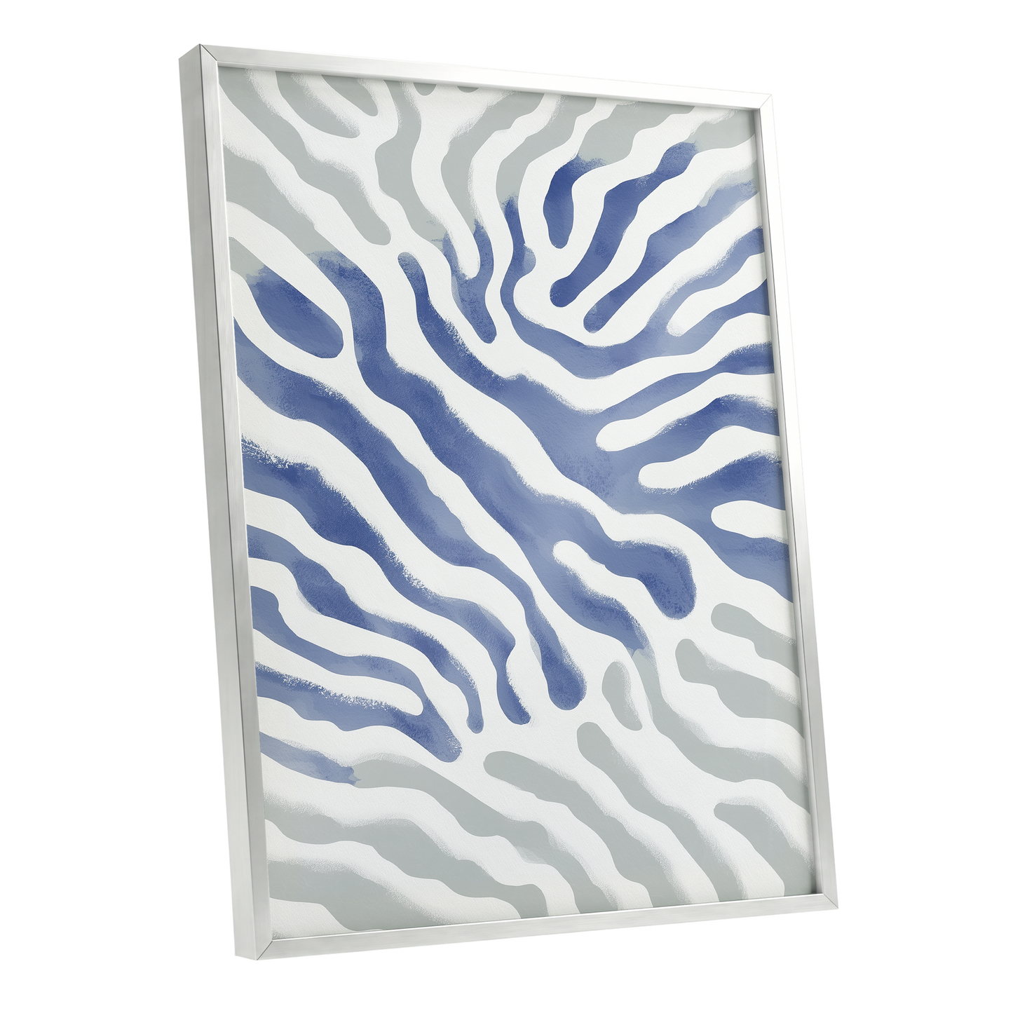 Tidal Veins, white, blue, gray abstract wall art shown as a silver framed poster wall art print