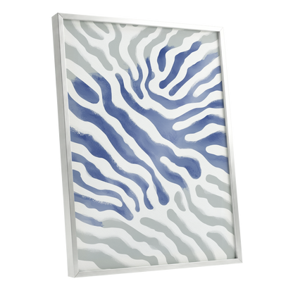 Tidal Veins, white, blue, gray abstract wall art shown as a silver framed poster wall art print
