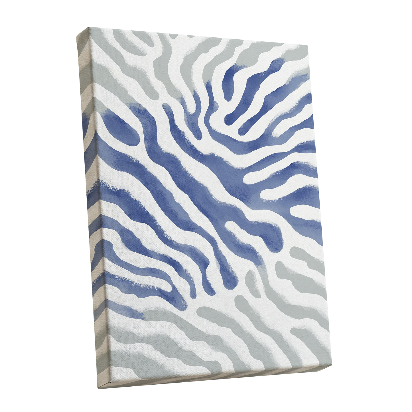Tidal Veins, white, blue, gray abstract wall art shown as a stretched canvas wall art