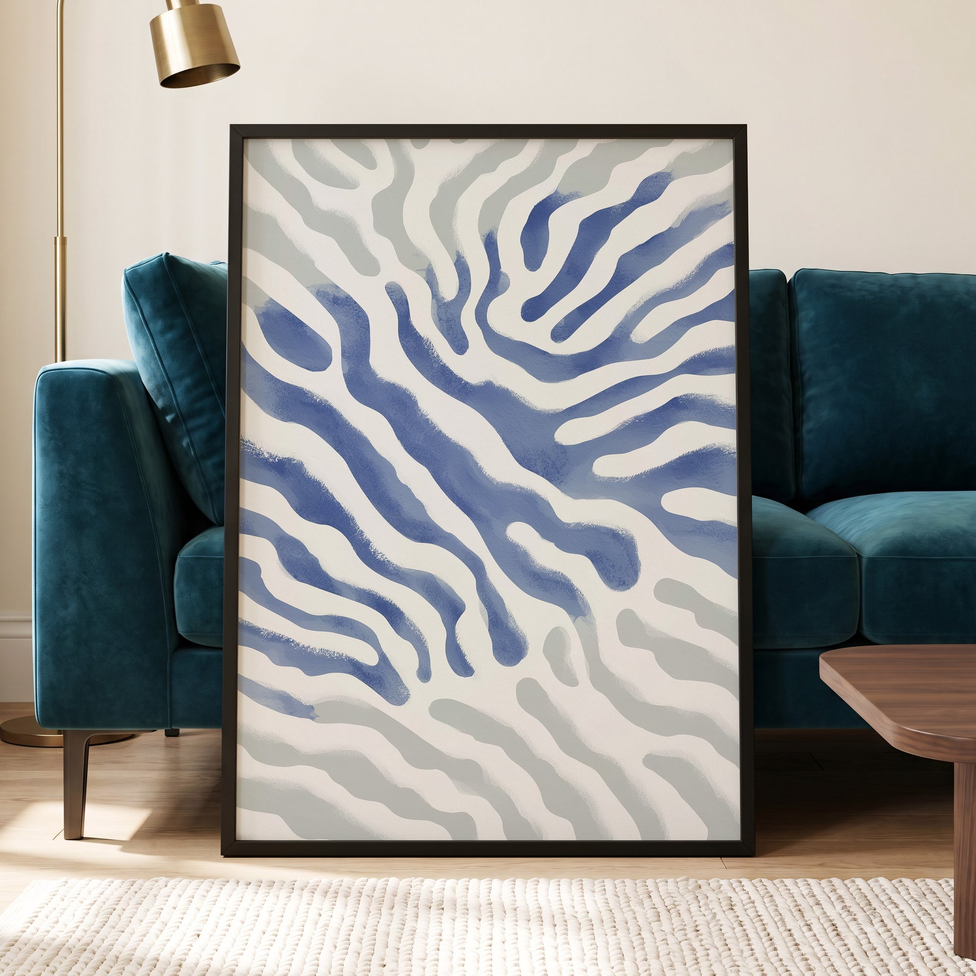 Tidal Veins, white, blue, gray abstract wall art displayed in a styled interior, gallery view 2