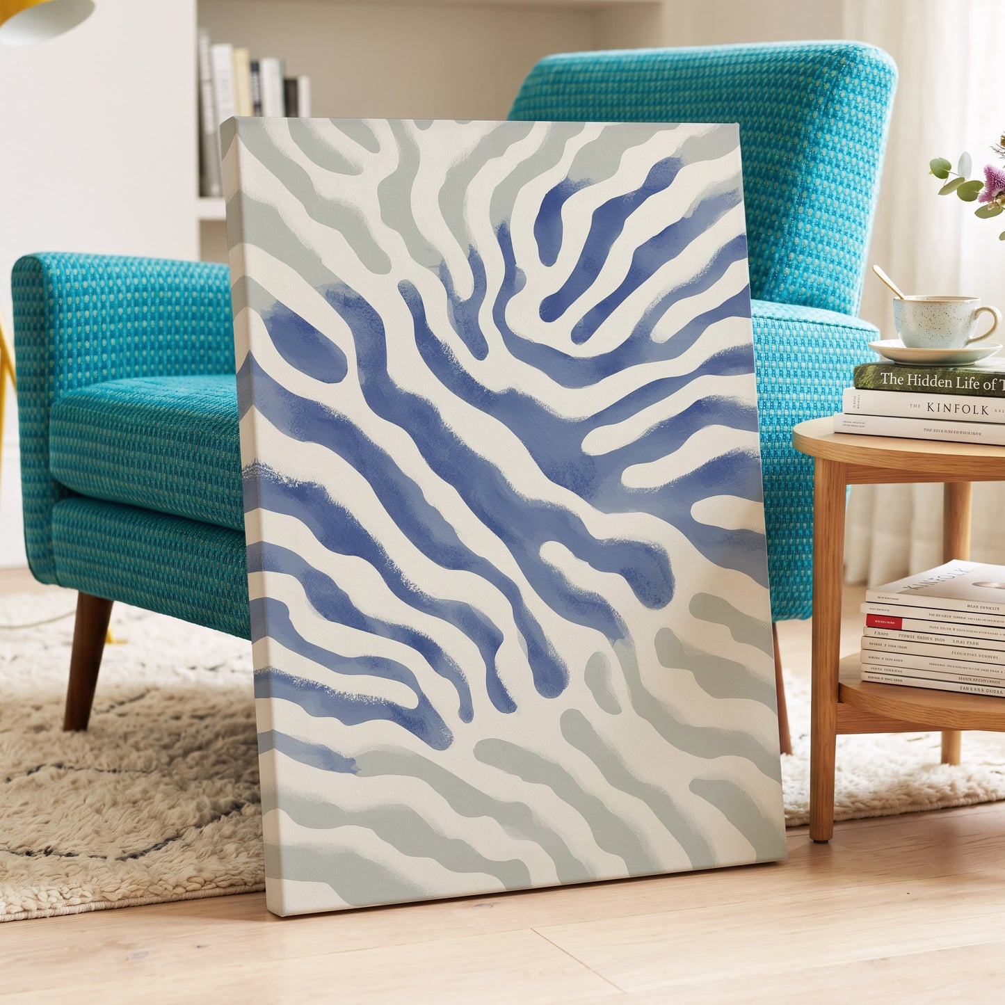 Tidal Veins, white, blue, gray abstract wall art displayed in a styled interior, gallery view 3
