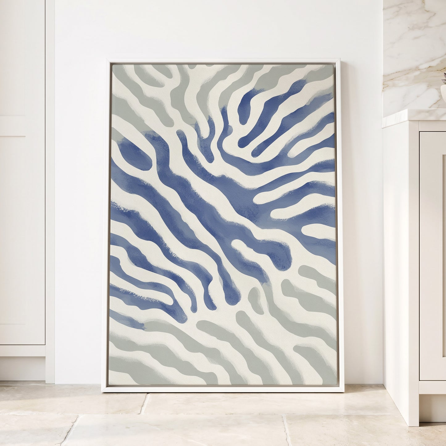 Tidal Veins, white, blue, gray abstract wall art displayed in a styled interior, gallery view 4