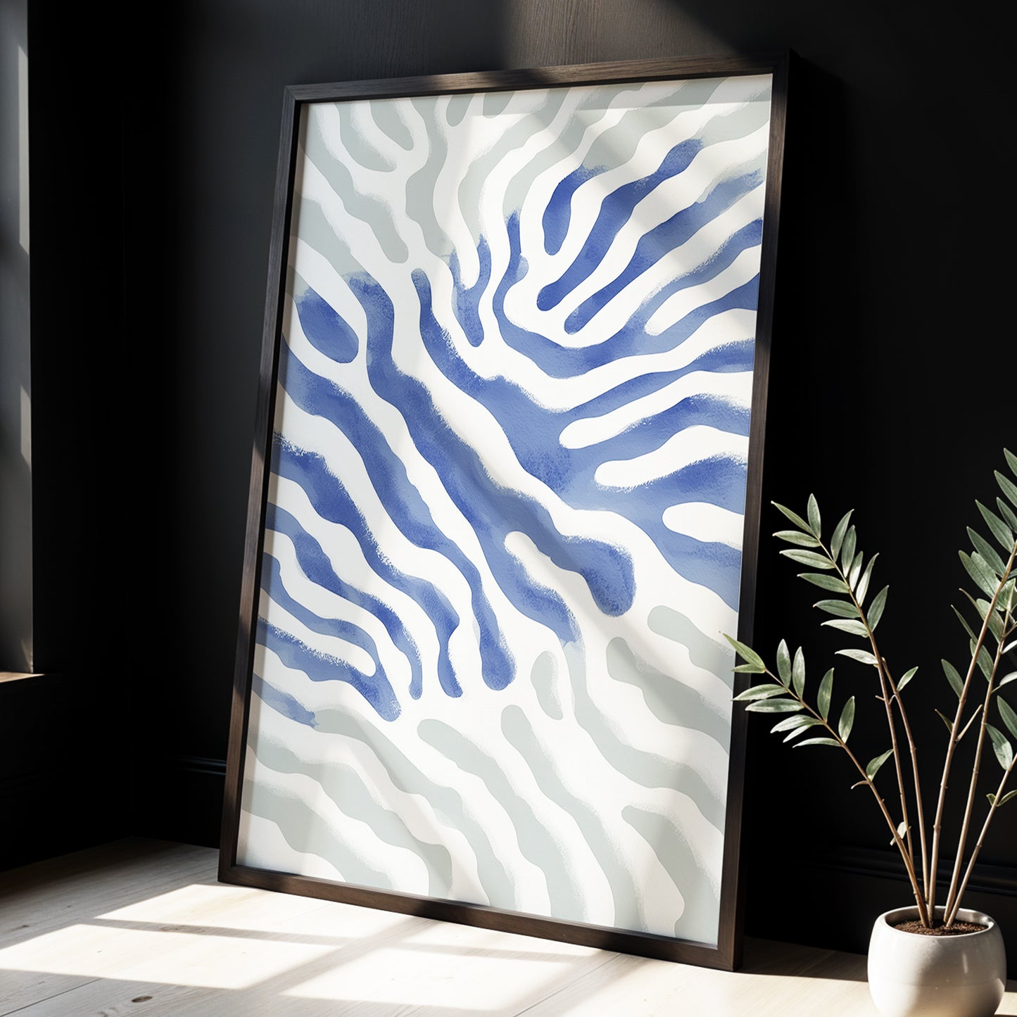 Tidal Veins, white, blue, gray abstract wall art displayed in a styled interior, gallery view 6