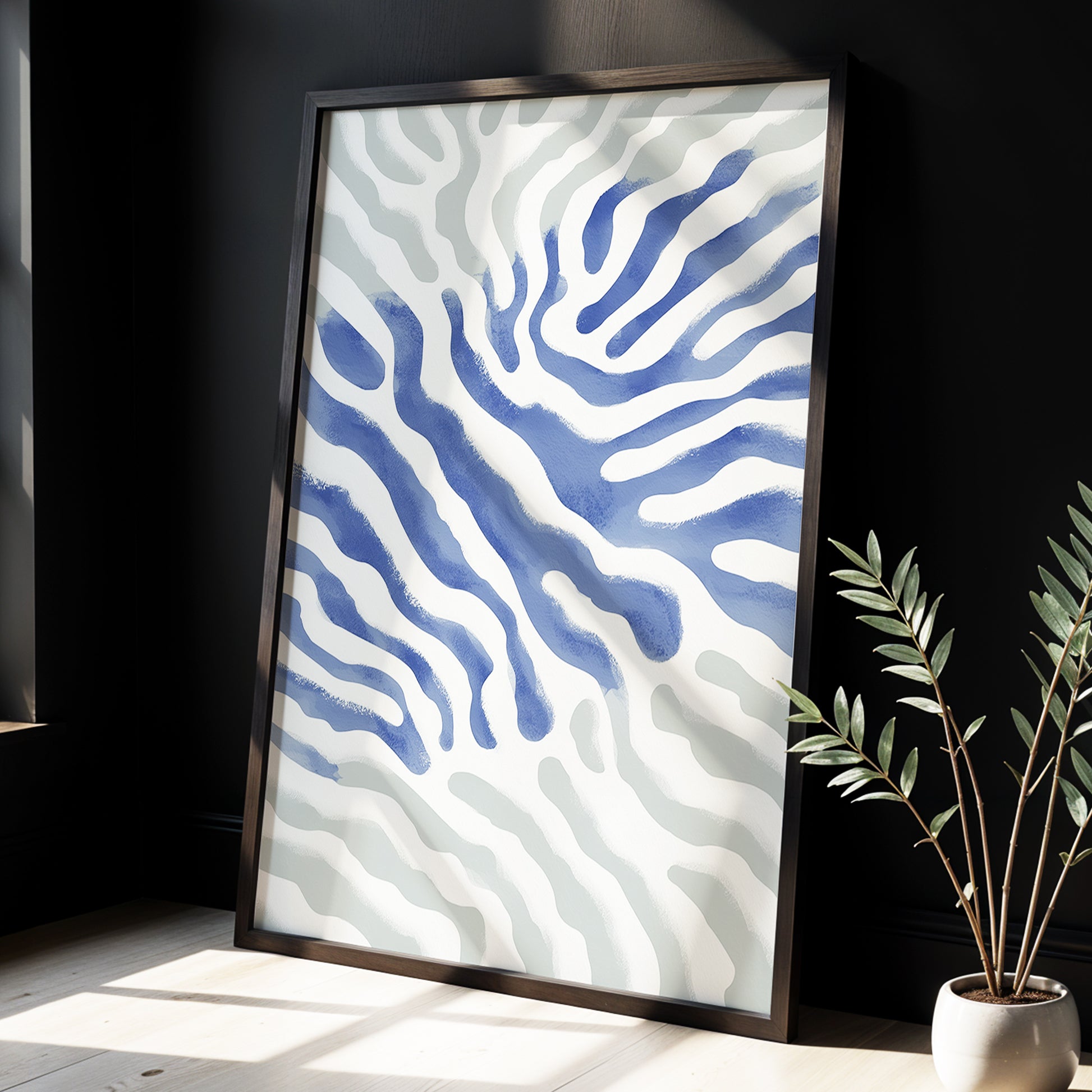 Tidal Veins, white, blue, gray abstract wall art displayed in a styled interior, gallery view 6