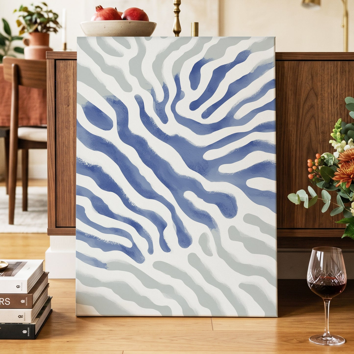 Tidal Veins, white, blue, gray abstract wall art displayed in a styled interior, gallery view 7