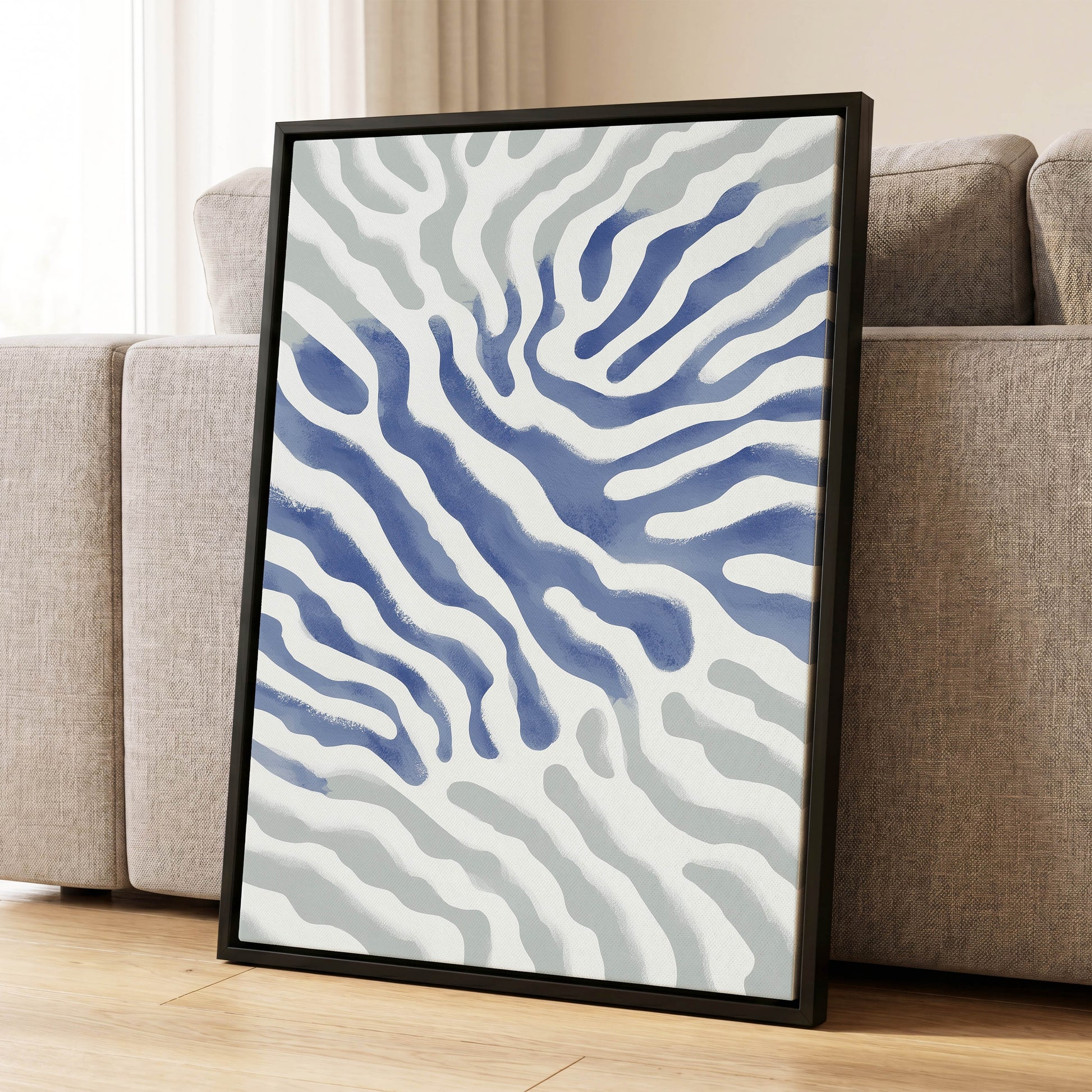 Tidal Veins, white, blue, gray abstract wall art displayed in a styled interior, gallery view 8