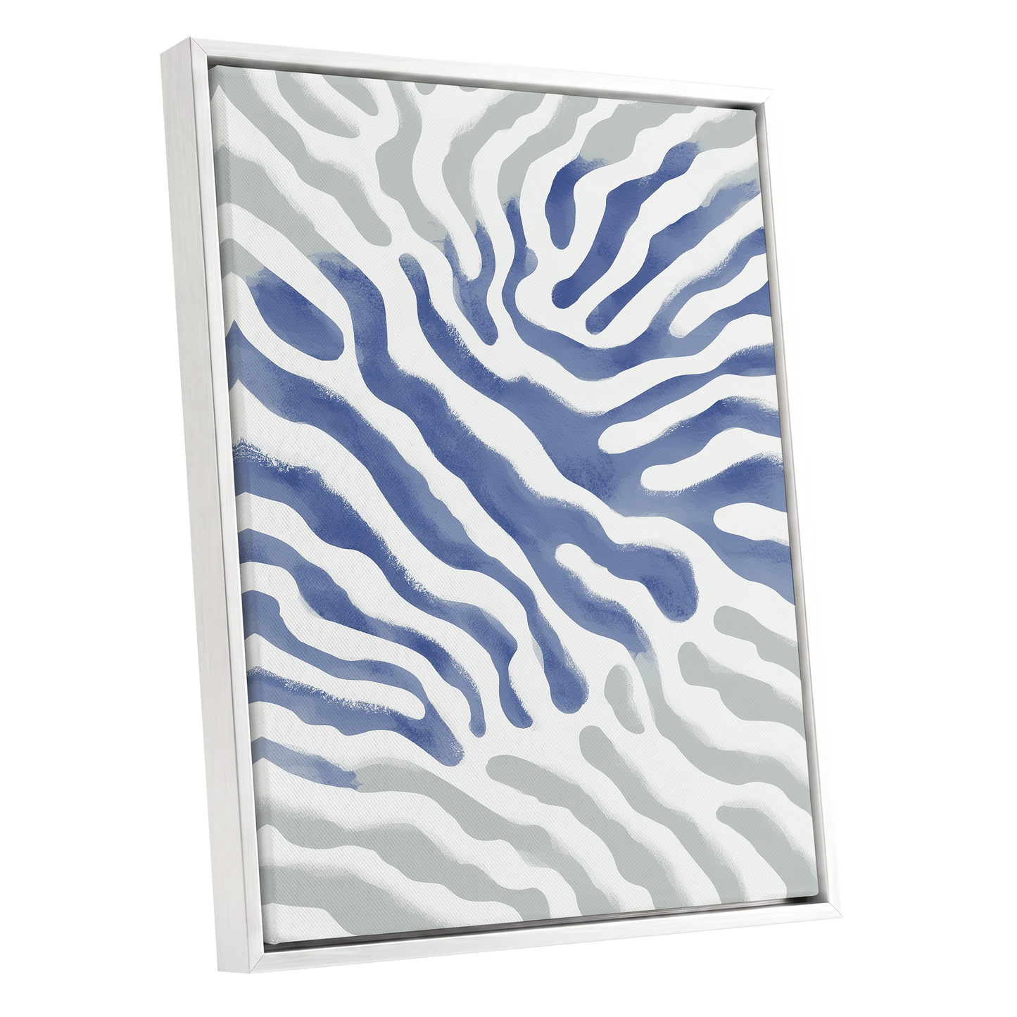Tidal Veins, white, blue, gray abstract wall art shown as a white framed canvas wall art