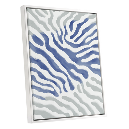 Tidal Veins, white, blue, gray abstract wall art shown as a white framed canvas wall art