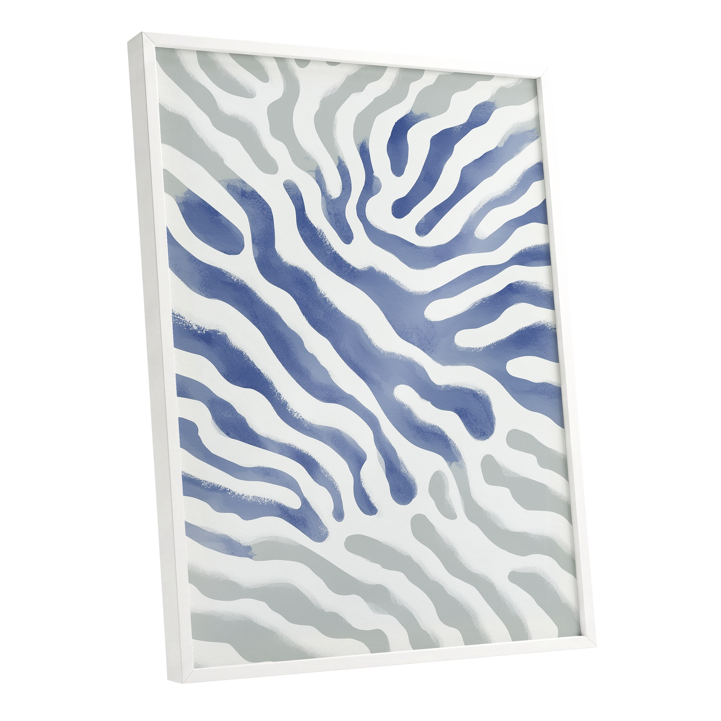 Tidal Veins, white, blue, gray abstract wall art shown as a white framed poster wall art print
