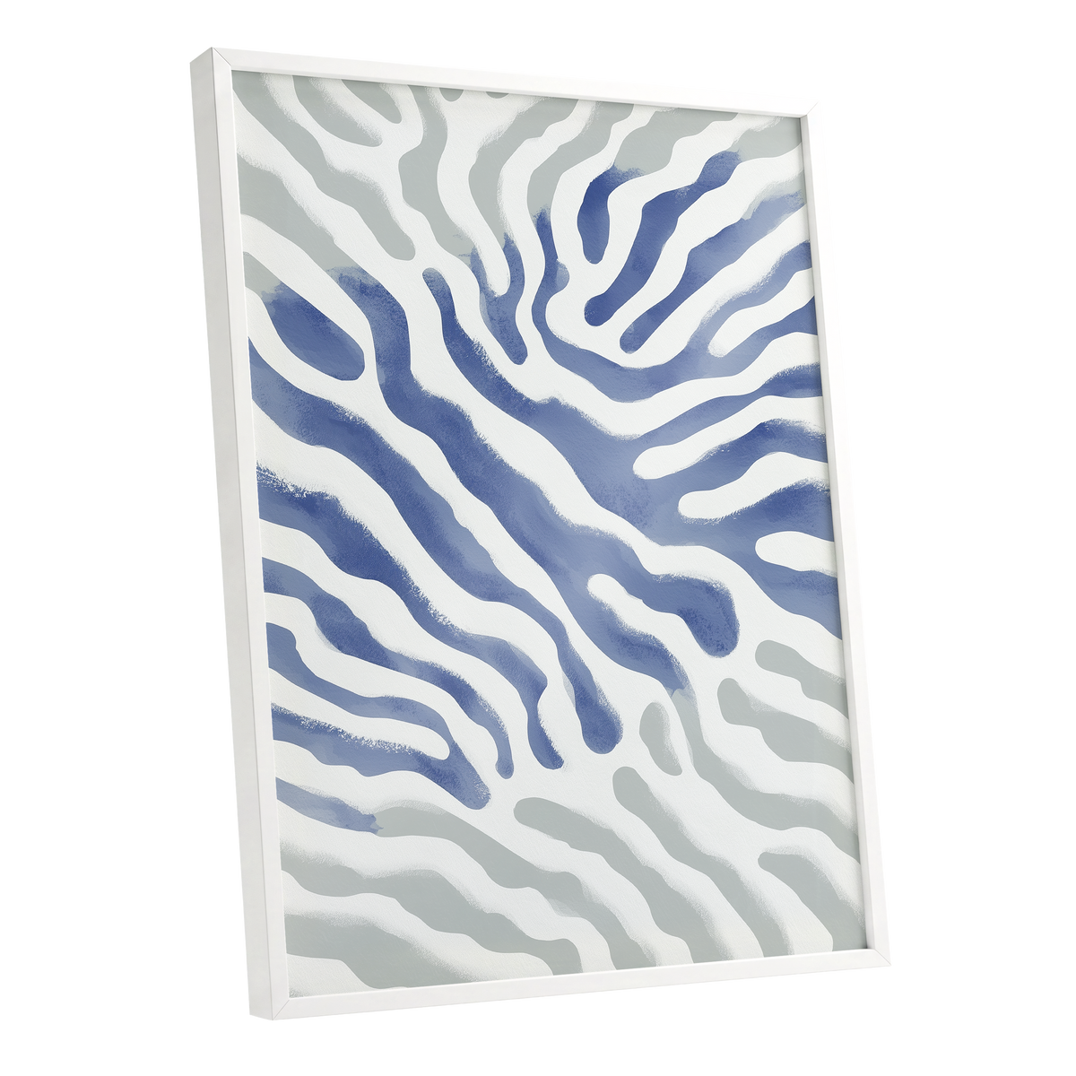 Tidal Veins, white, blue, gray abstract wall art shown as a white framed poster wall art print