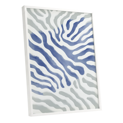 Tidal Veins, white, blue, gray abstract wall art shown as a white framed poster wall art print