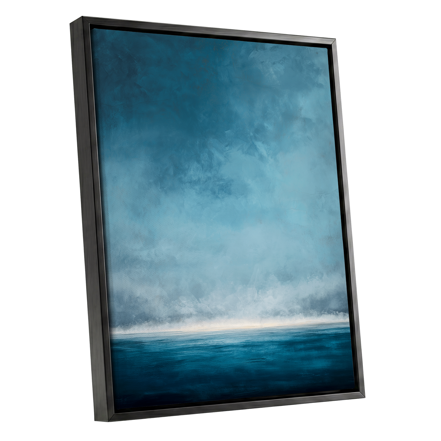 Tide Beyond Silence, blue, white, gray nature wall art shown as a black framed canvas wall art