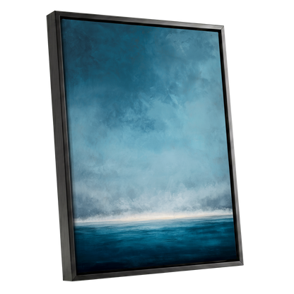 Tide Beyond Silence, blue, white, gray nature wall art shown as a black framed canvas wall art