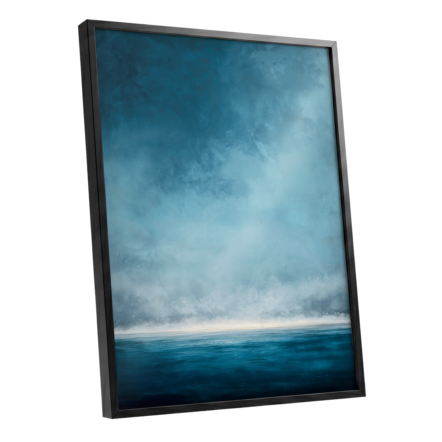Tide Beyond Silence, blue, white, gray nature wall art shown as a black framed poster wall art print