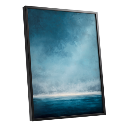 Tide Beyond Silence, blue, white, gray nature wall art shown as a black framed poster wall art print
