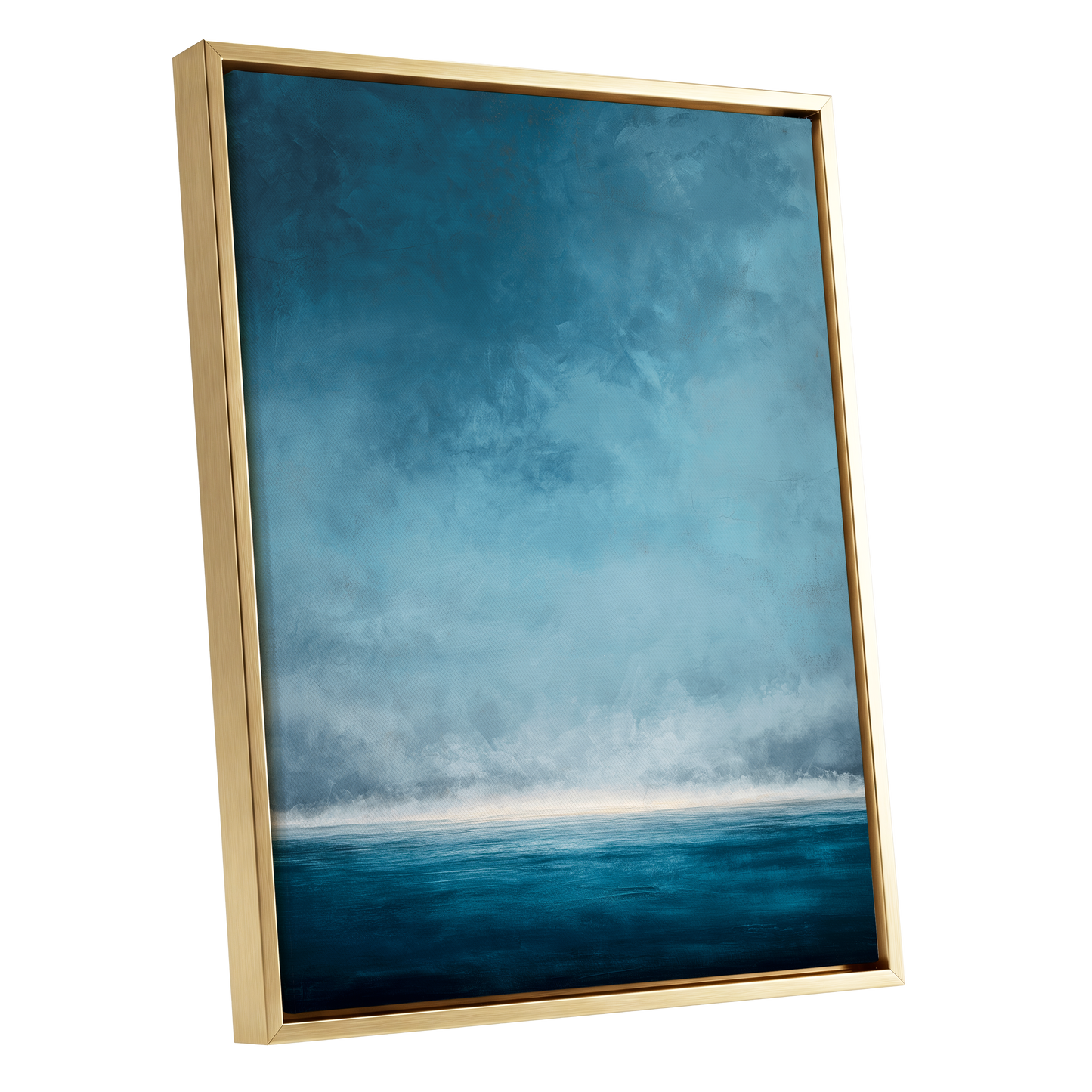Tide Beyond Silence, blue, white, gray nature wall art shown as a gold framed canvas wall art