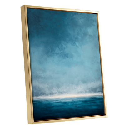 Tide Beyond Silence, blue, white, gray nature wall art shown as a gold framed canvas wall art