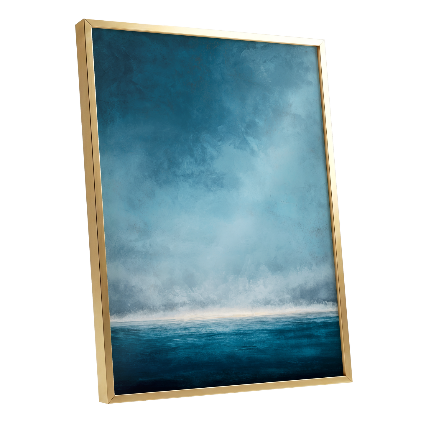 Tide Beyond Silence, blue, white, gray nature wall art shown as a gold framed poster wall art print