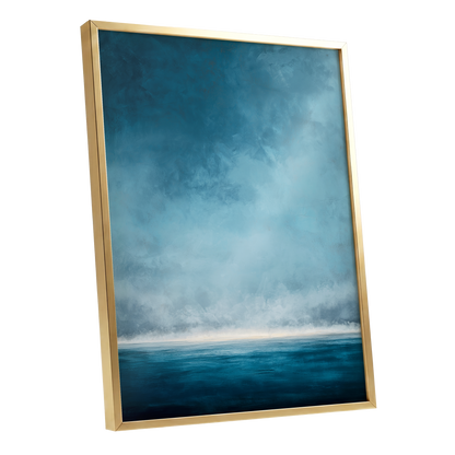 Tide Beyond Silence, blue, white, gray nature wall art shown as a gold framed poster wall art print