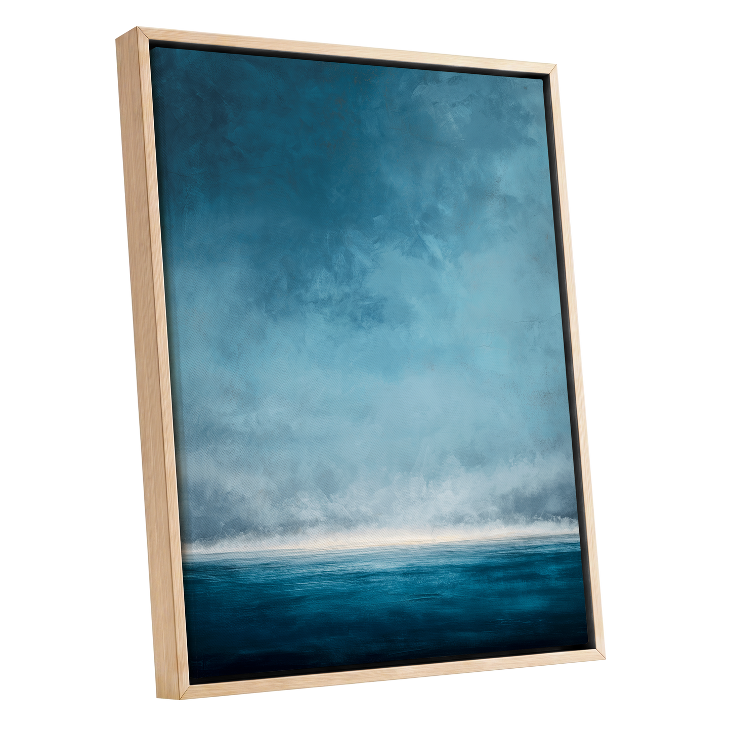 Tide Beyond Silence, blue, white, gray nature wall art shown as a oak framed canvas wall art