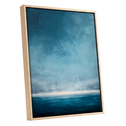 Tide Beyond Silence, blue, white, gray nature wall art shown as a oak framed canvas wall art