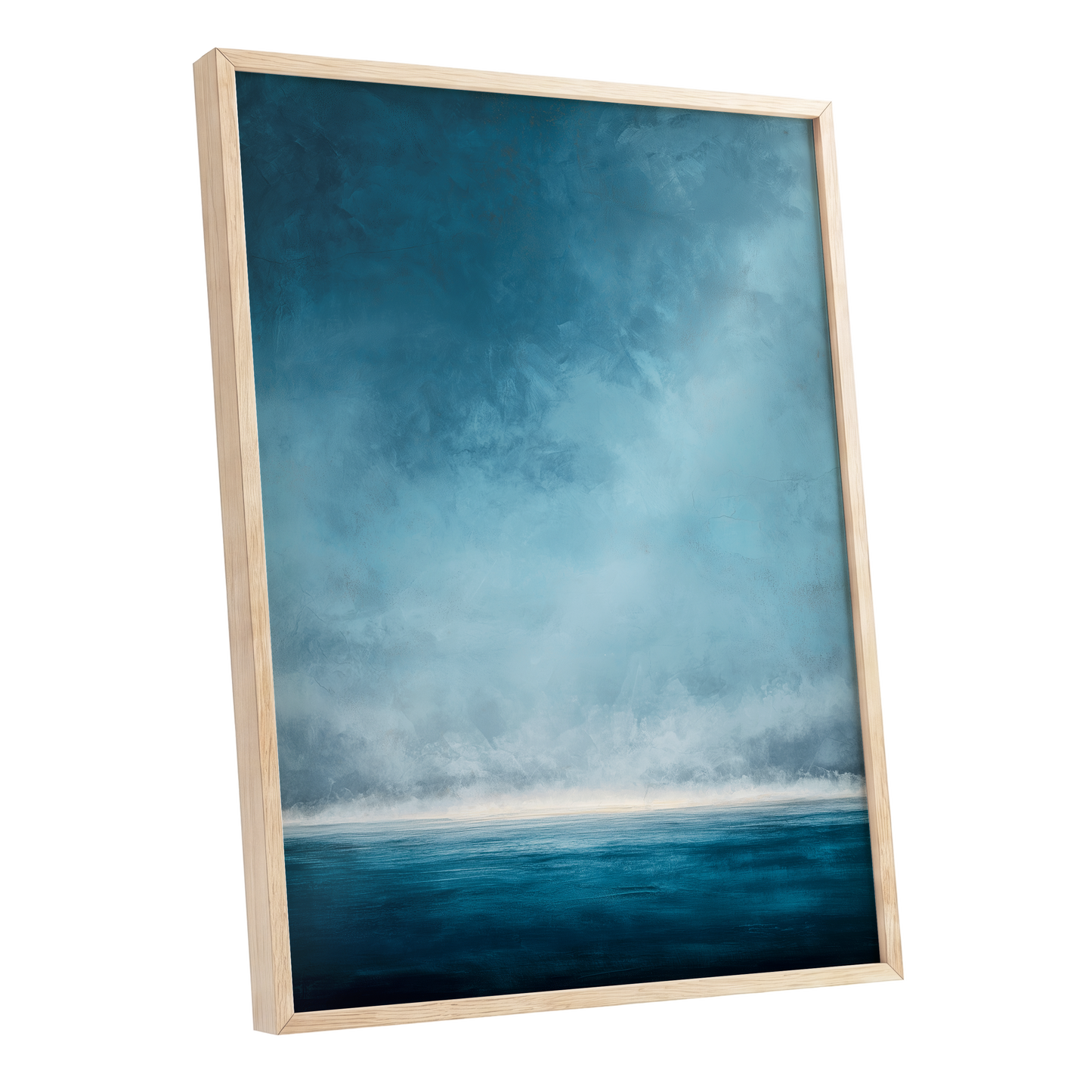 Tide Beyond Silence, blue, white, gray nature wall art shown as a oak framed poster wall art print
