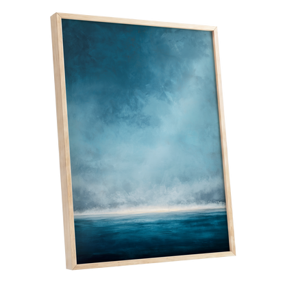 Tide Beyond Silence, blue, white, gray nature wall art shown as a oak framed poster wall art print