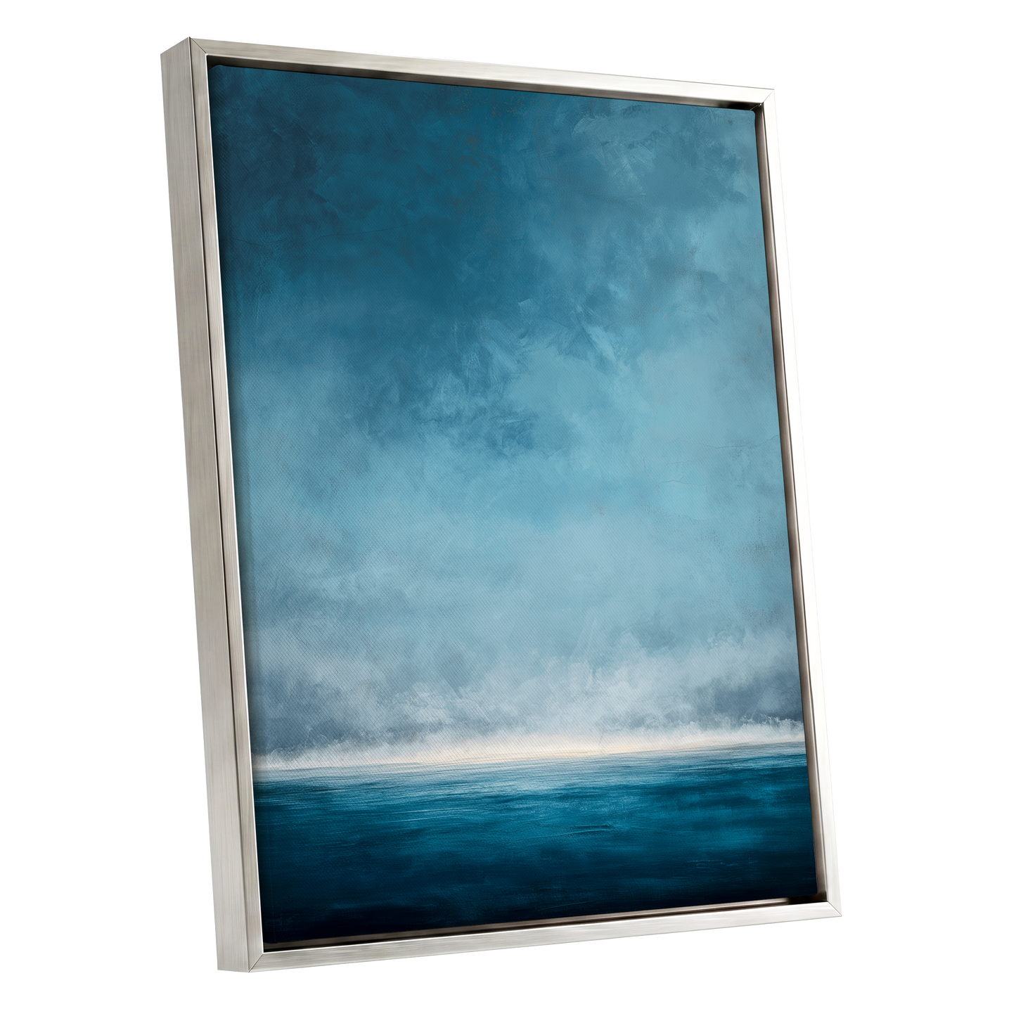 Tide Beyond Silence, blue, white, gray nature wall art shown as a silver framed canvas wall art