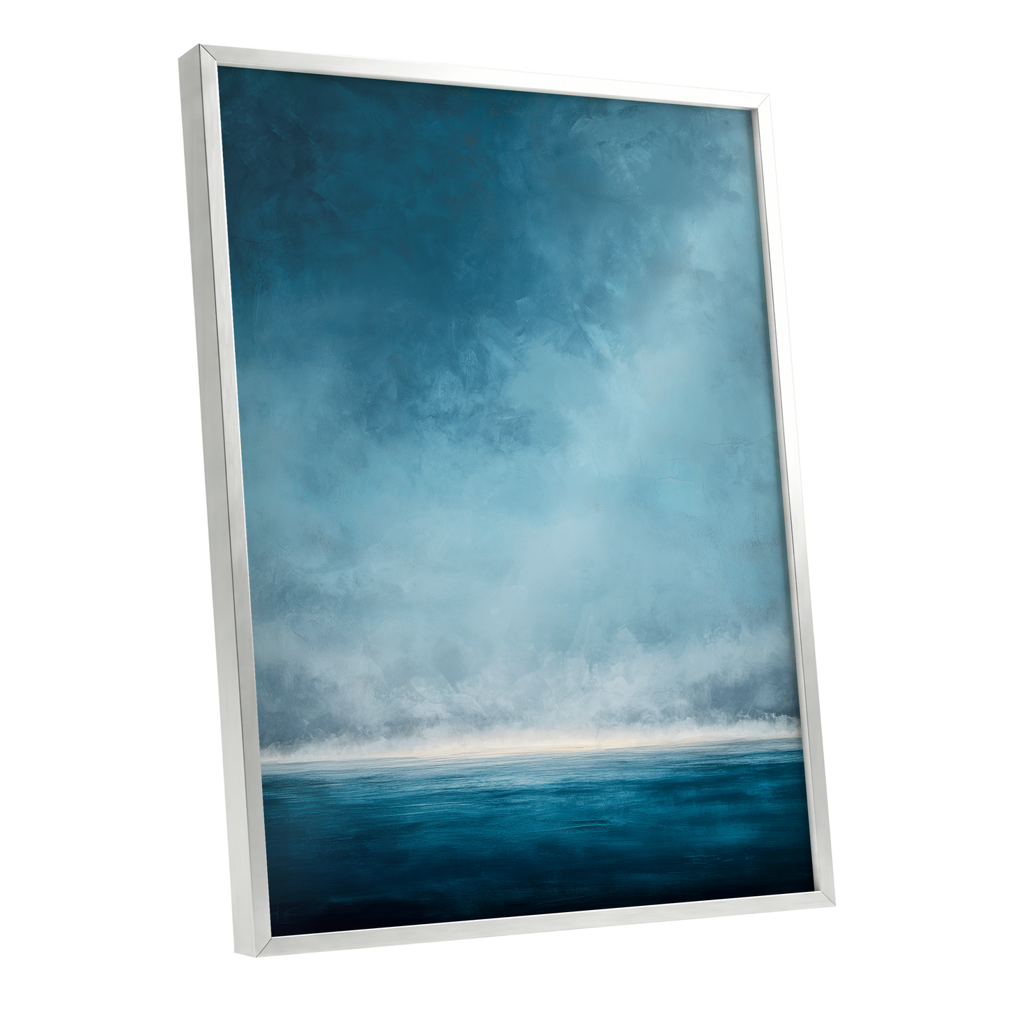 Tide Beyond Silence, blue, white, gray nature wall art shown as a silver framed poster wall art print