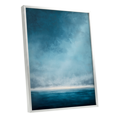Tide Beyond Silence, blue, white, gray nature wall art shown as a silver framed poster wall art print
