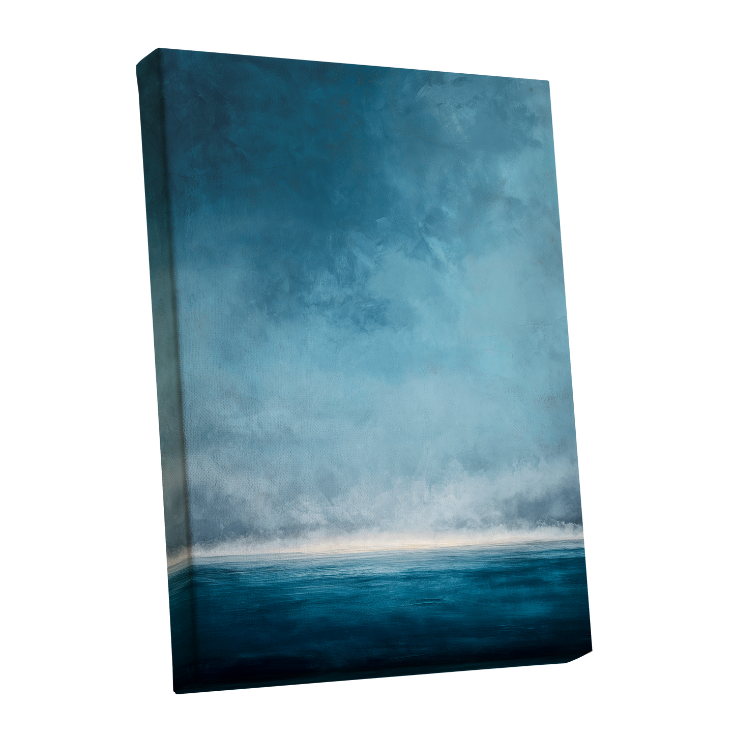 Tide Beyond Silence, blue, white, gray nature wall art shown as a stretched canvas wall art
