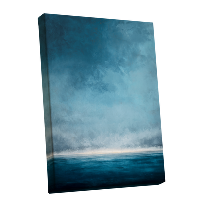 Tide Beyond Silence, blue, white, gray nature wall art shown as a stretched canvas wall art