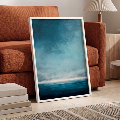 Tide Beyond Silence, blue, white, gray nature wall art displayed in a styled interior, gallery view 2