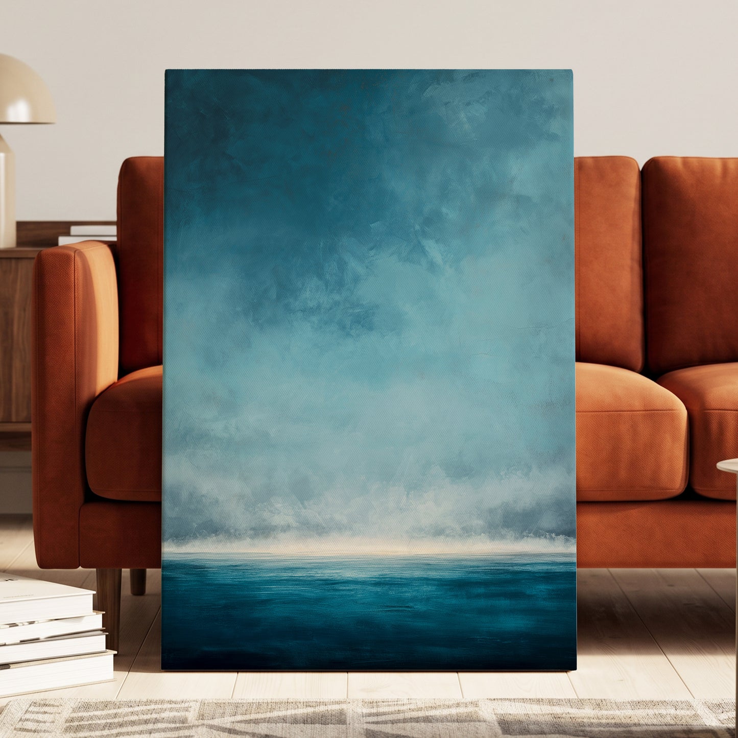 Tide Beyond Silence, blue, white, gray nature wall art displayed in a styled interior, gallery view 3