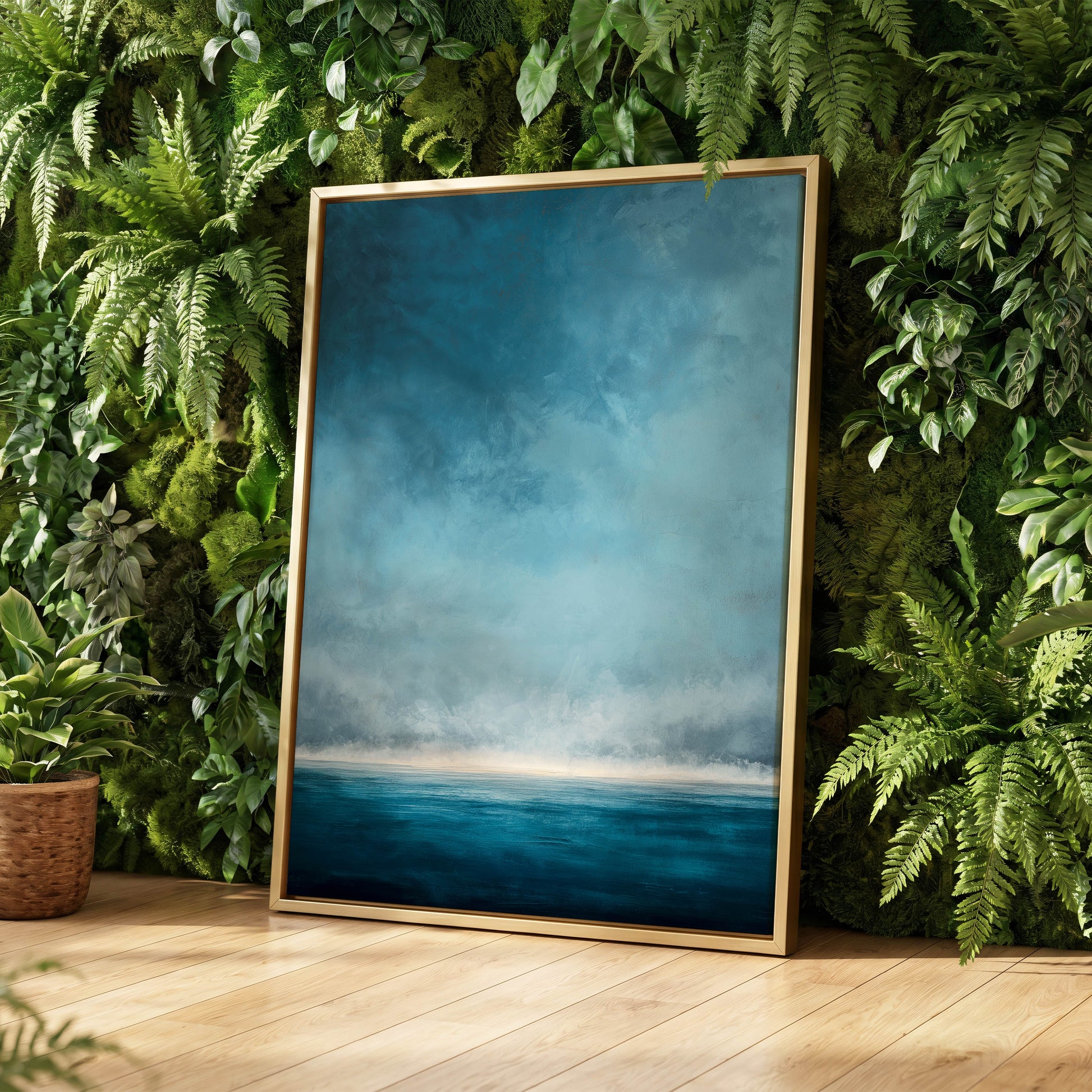 Tide Beyond Silence, blue, white, gray nature wall art displayed in a styled interior, gallery view 4