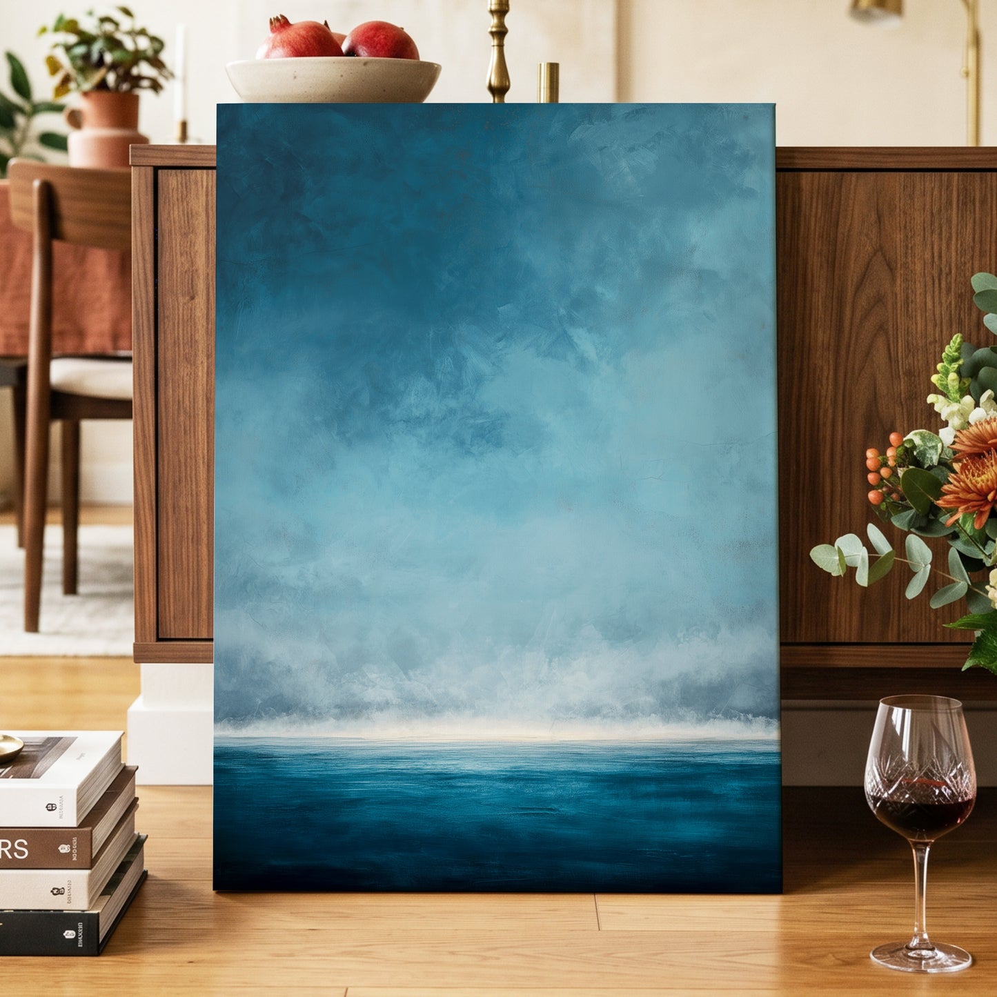 Tide Beyond Silence, blue, white, gray nature wall art displayed in a styled interior, gallery view 7