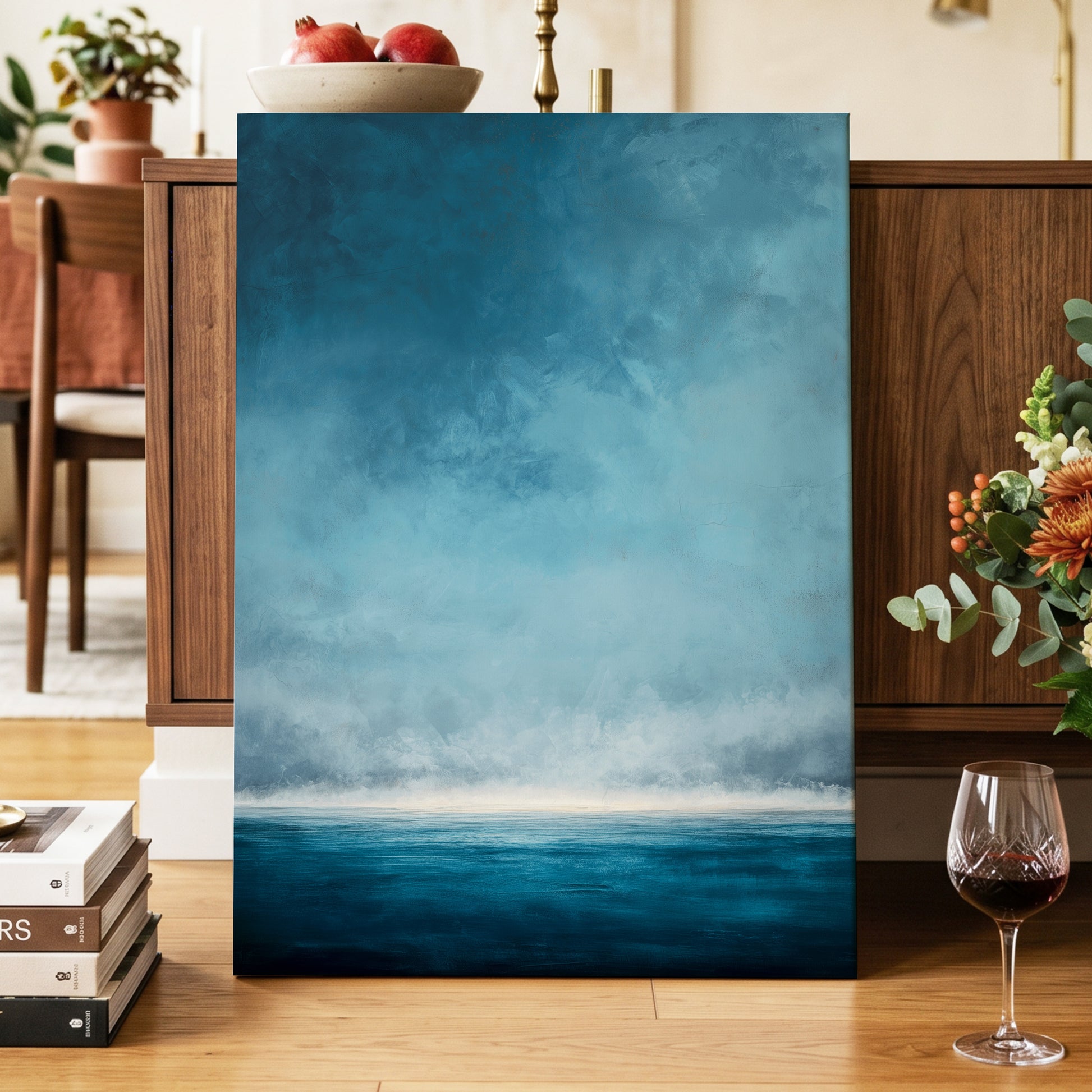 Tide Beyond Silence, blue, white, gray nature wall art displayed in a styled interior, gallery view 7