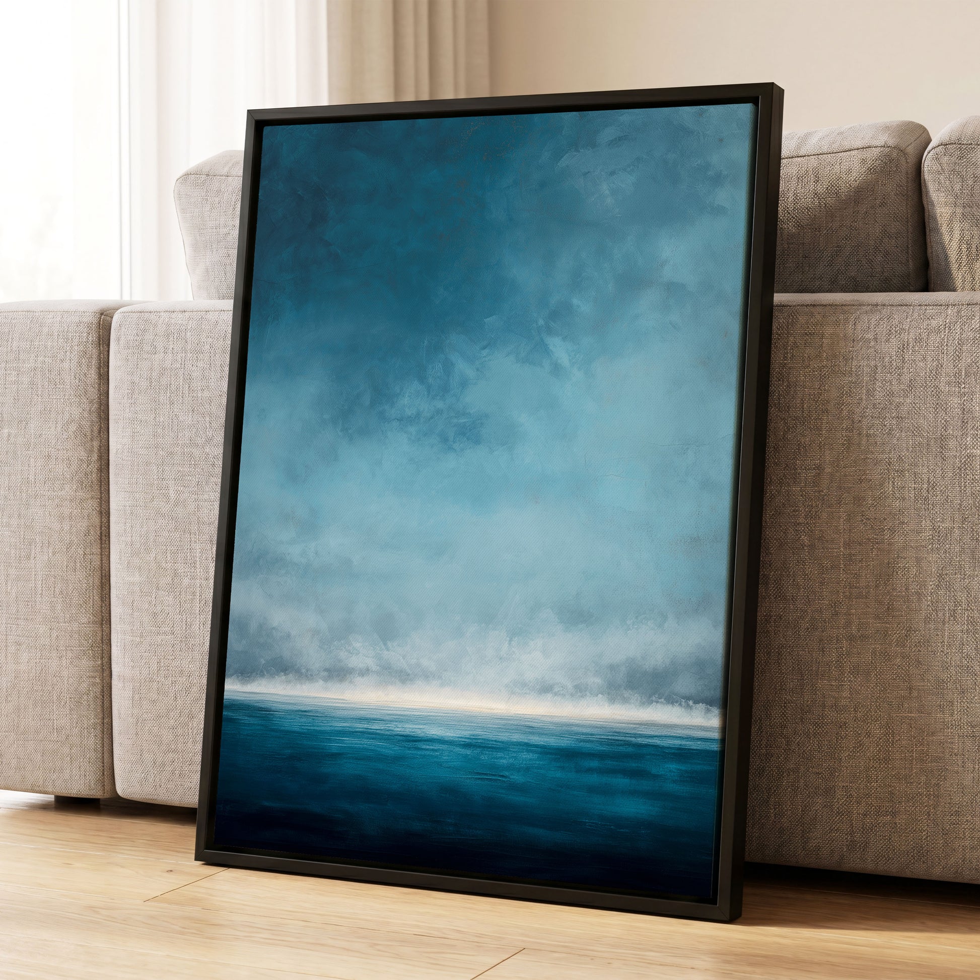 Tide Beyond Silence, blue, white, gray nature wall art displayed in a styled interior, gallery view 8