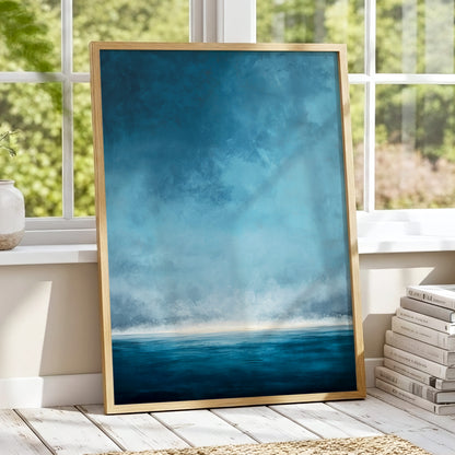 Tide Beyond Silence, blue, white, gray nature wall art displayed in a styled interior, gallery view 9