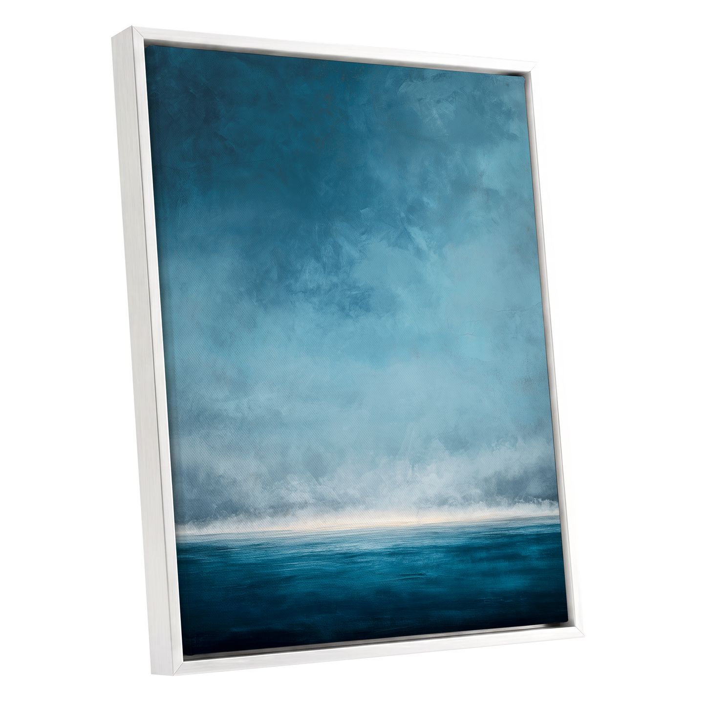 Tide Beyond Silence, blue, white, gray nature wall art shown as a white framed canvas wall art